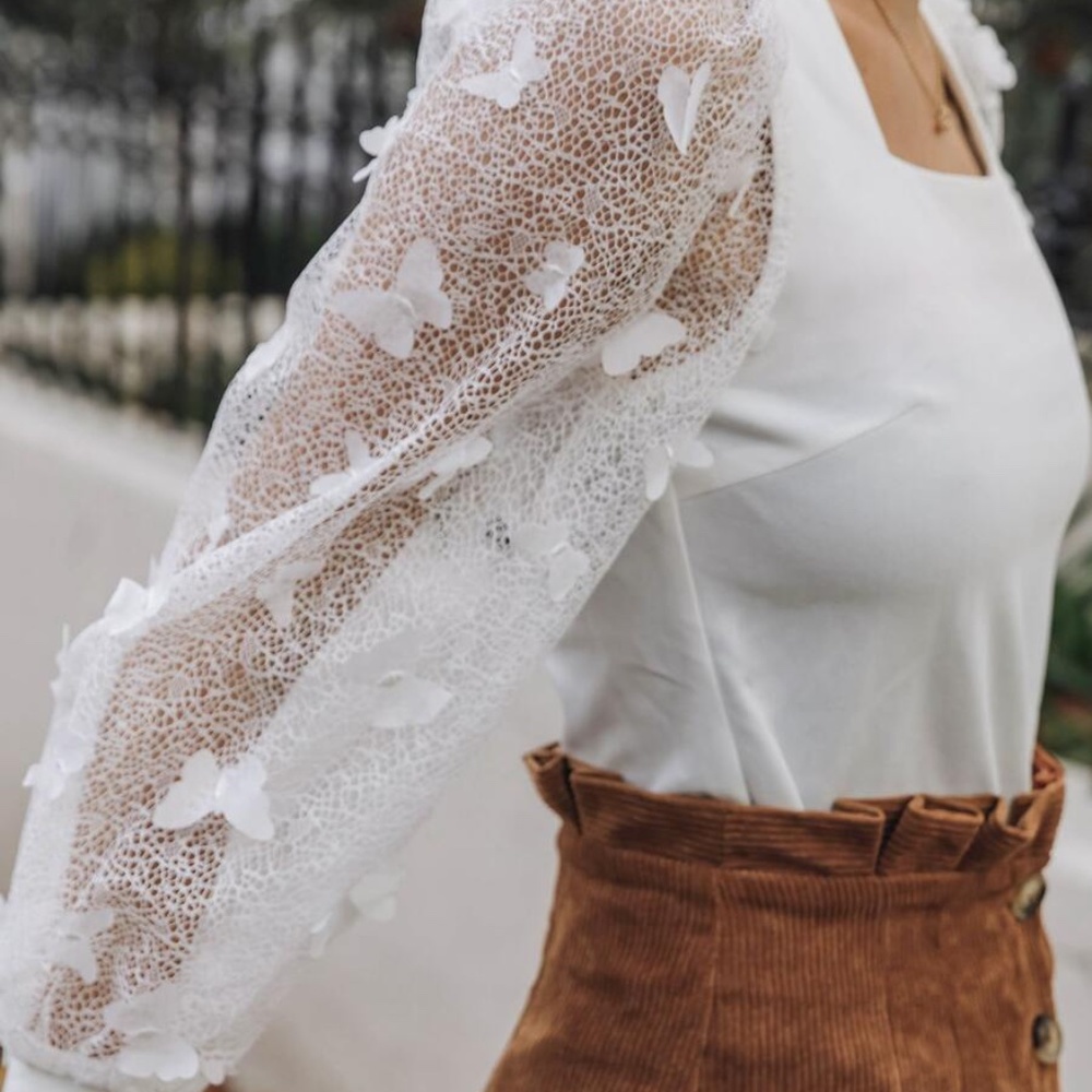 white butterfly square neck sheer long sleeve top - Picture 2 of 4